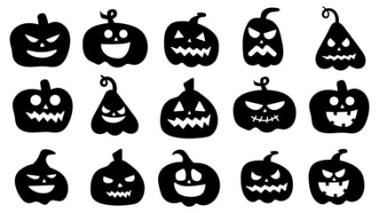 Silhouettes of pumpkins with different carved facial expressions. Halloween pumpkin cartoon character. Black icons of pumpkins with emotions. Vector illustration.