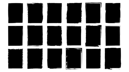 Dirty frames for design in grunge style. Ink brush strokes. A set of distress textures of a square or rectangular shape. Isolated backgrounds for design of text frames, posters, banners. Black, white.