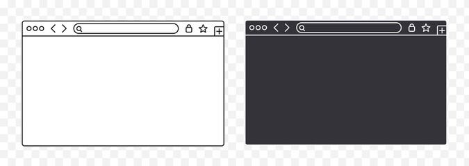 Minimalist computer browser window mockup vector illustration. Isolated blank browser lines for laptop devices. Empty screens display. Black white design. Vector illustration.