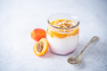 Greek yogurt apricot healthy breakfast in a jar