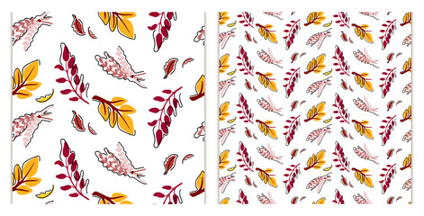 Autumn seamless pattern with leaves in two sizes. Colorful yellow, red and pink plants for cover, fabric and décor.