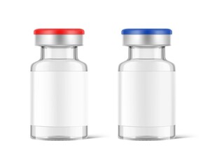 Transparent glass bottles for vaccine injections mockup. Vector illustration isolated on white background. Can be use for medicine, cosmetic and other. Ready for your design. EPS10.	