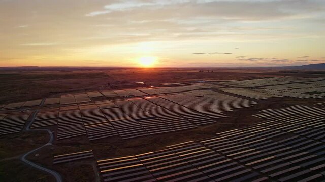 Massive solar plant at sunset. Hundreds of moving solar panels to provide clean energy. Talasol. Drone going backwards and up, revealing the solar plant.