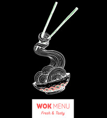 Bowl noodles and chopsticks sketch. Asian food. Chinese, Korean, Japanese cuisine. Logo template. Hand drawn vector illustration