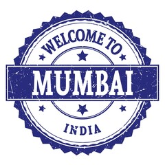 WELCOME TO MUMBAI - INDIA, words written on blue stamp