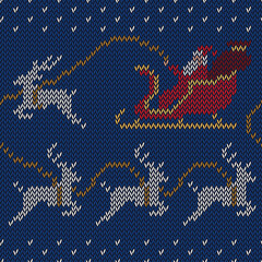 Christmas Seamless Knitted pattern with Santa Claus Rides Reindeer Sleigh. Festive, Holiday, Winter Stitch embroidery vector illustration. Nordic tradition sweater. Navy blue background.