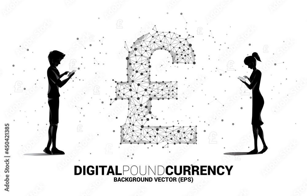 Poster silhouette of man and woman use mobile phone standing with money pound sterling currency icon from p