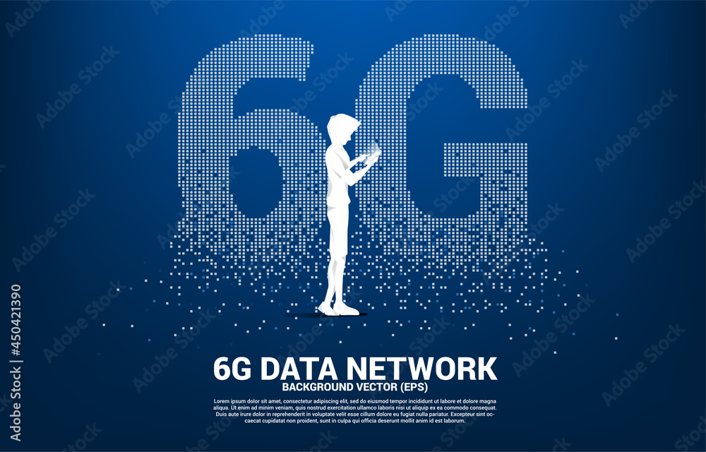Poster Silhouette of man use mobile phone standing with 6G mobile networking from small square pixel. Concept for mobile sim card technology and network.