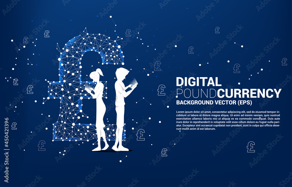 Sticker Silhouette of man and woman use mobile phone standing with money pound sterling currency icon from Polygon dot connect line. Concept for British financial network connection.