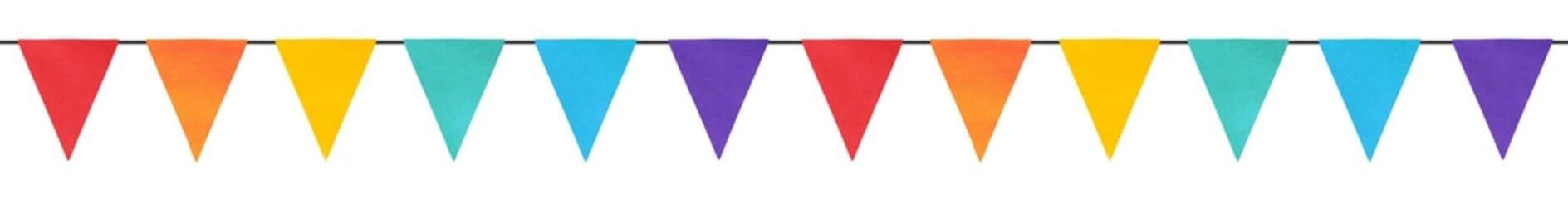 Seamless repeatable border of cute rainbow flag garland. Bright decoration for design, greeting card, invitation. Hand drawn watercolour graphic painting on white backdrop, isolated slip art elements.