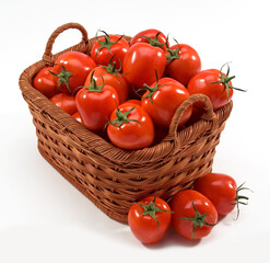 Cesta de vime cheia de tomates maduros inteiros em fundo branco isolado.