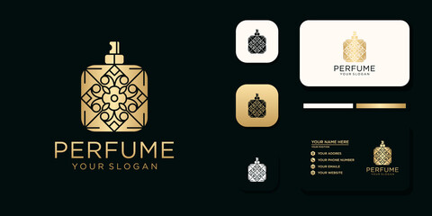 Luxury perfume logo with bottle design and business card template reference
