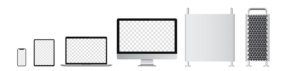 Realistic set of computer, monitor, laptop, tablet, smartphone. Vector illustration