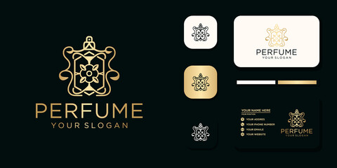 Luxury perfume logo with bottle design and business card template reference