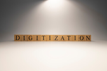 Digitization was created from wooden cubes. Industry and technology.