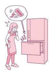 壊れた冷蔵庫を見てショックを受ける女性のイラスト