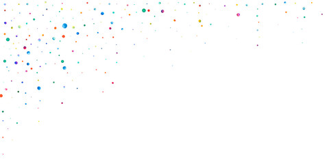 Fototapeta premium Watercolor confetti on white background. Alive rainbow colored dots. Happy celebration wide colorful bright card. Lively hand painted confetti.