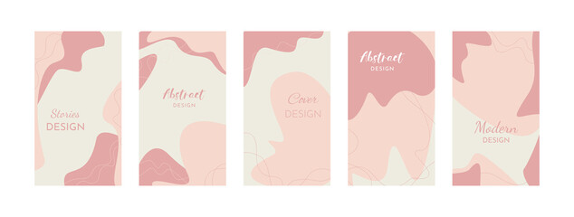 Set of abstract universal templates. Social media posts, stories, banner cover, advertising. Vector illustration. Minimalism Pink, beige background for text. Free shapes and lines.