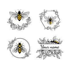 Honey bee in a flower frame. Set of floral frames and wreaths. Made of rose flowers and leaves. Suitable for cutting SVG files on a plotter. Bumblebee for t-shirt design - obrazy, fototapety, plakaty