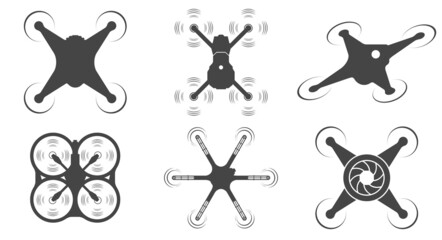 Drone silhouette icon set. Flat vector illustration isolated on white