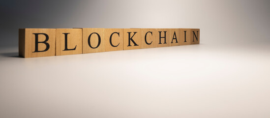 Blockchain chain was created from wooden cubes. Industry and technology.
