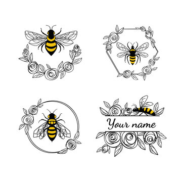 Honey bee in a flower frame. Set of floral frames and wreaths. Made of rose flowers and leaves. Suitable for cutting SVG files on a plotter. Bumblebee for t-shirt design