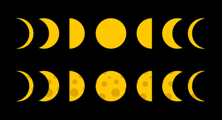 Moon phases yellow icon set. Lunar disc with and without craters. Flat vector illustration isolated on black background.