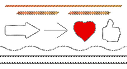Rope arrow, heart and thumbs up set. Cord icons. Flat vector illustration isolated on white background.