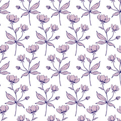 Floral seamless pattern. Beautiful botanical repeat texture with branches, leaves and flowers for print, fabric, textile, wallpaper in soft colors. Hand drawn ink illustration in line art style.