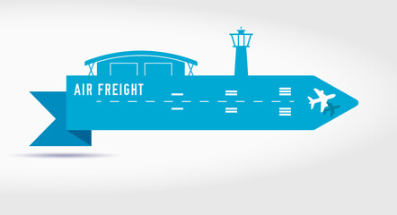 Air cargo services and freight paper cut ribbon banner. Airport with a hangar and a tower, an airplane taking off. Flat vector illustration isolated on white background.