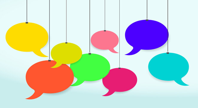 Multicolored empty speech bubbles hanging on strings. Round chat boxes hangs on stationery clips. 3D vector illustration on sky blue background.