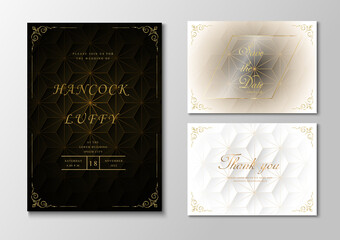   Luxury wedding invitation card template with black, white and gold background design geometric shape