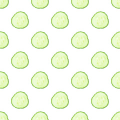 Fresh cucumber slices or cross-sections on white background seamless pattern.