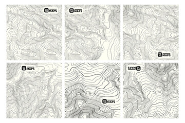 Set of stylized elevation topographic contour maps on black bacground form of lines, outlines. Concept of a conditional geographic scheme, trail of the area. Decoration material. Vector illustration.