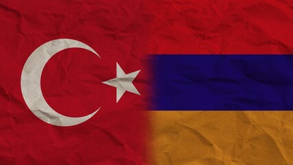 Obraz premium Armenia and Turkey Flags Together, Crumpled Paper Effect Background 3D Illustration