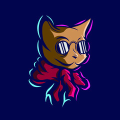 Cat funny art logo. Colorful animal pet design with dark background. Abstract vector illustration.