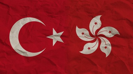 Obraz premium Hong Kong and Turkey Flags Together, Crumpled Paper Effect Background 3D Illustration