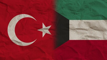 Kuwait and Turkey Flags Together, Crumpled Paper Effect Background 3D Illustration