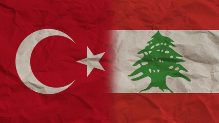 Lebanon and Turkey Flags Together, Crumpled Paper Effect Background 3D Illustration