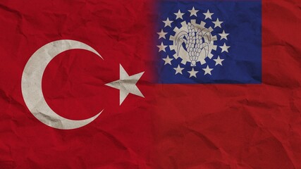Myanmar Burma and Turkey Flags Together, Crumpled Paper Effect Background 3D Illustration