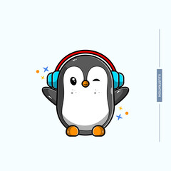 illustration of cute penguin wearing headset, vector eps 10