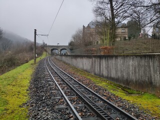 Fototapeta premium Cable car rail track in Siebengebirge, Königswinter, Germany (Drachenfelsbahn)