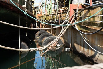 nets and ropes on a boat in dock