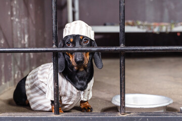 Sad dachshund puppy in striped prison uniform with cap is sitting in cell block, aluminum bowl is...