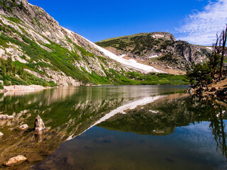 Symmetrical mountain reflection in lake with blue sky and cloud in the Rocky Mountains.