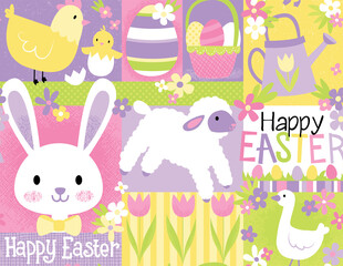 Easter themed vector pattern filled with Easter greetings. The Easter Bunny and his friends wish you a happy Easter Sunday in this vector pattern