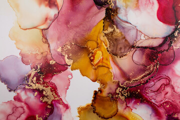 Abstract fluid art. Alcohol ink on canvas. Purple, red, and gold