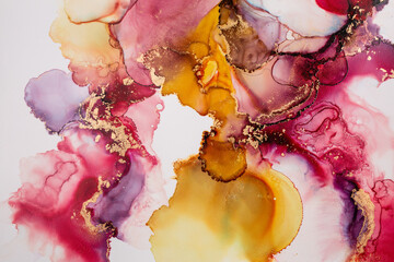 Abstract fluid art. Alcohol ink on canvas. Purple, red, and gold