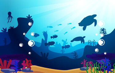 Wildlife Turtle Fish Sea Ocean Underwater Aquatic Flat Illustration