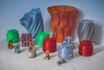 Models printed by 3d printer. Colorful objects printed 3d printer
